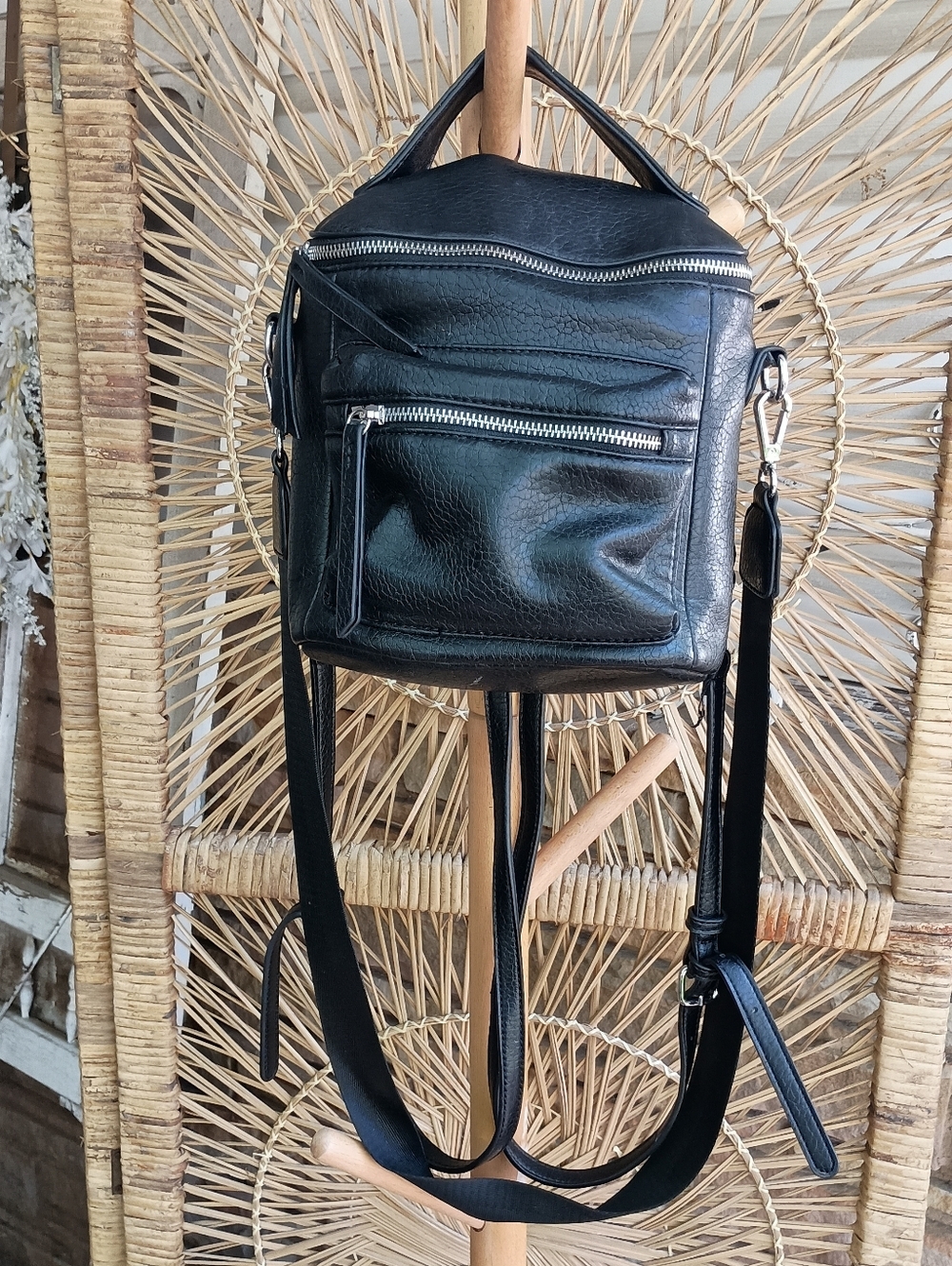 Urban Expressions Black Leather Mini Backpack Crossbody with Silver Zippers